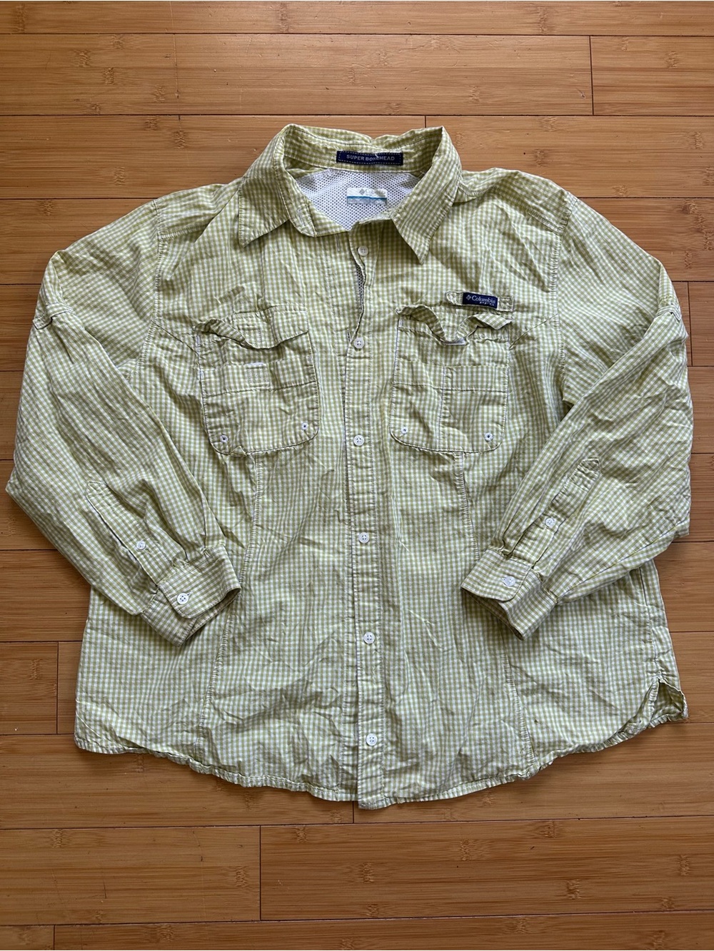 Columbia Green and White Gingham Fishing Shirt